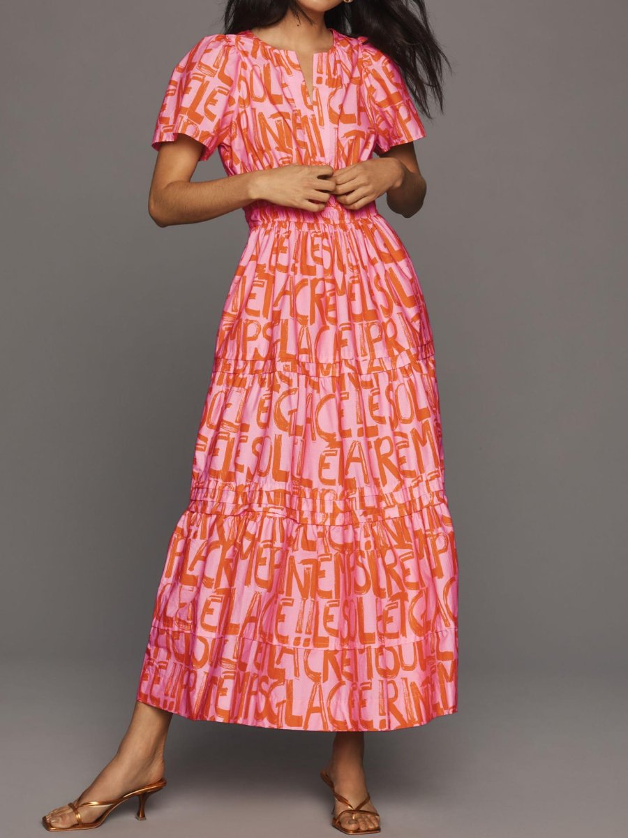 V-neck Smocked Waist Printed Maxi Dress