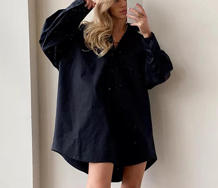 V Neck Shirt Button Mini Dress