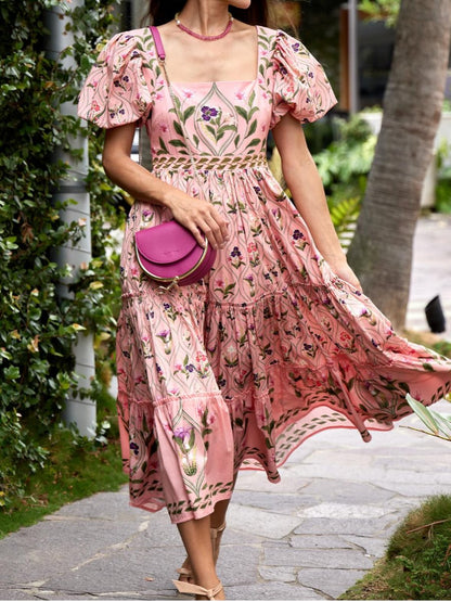 Pink Flowers Midi Dress