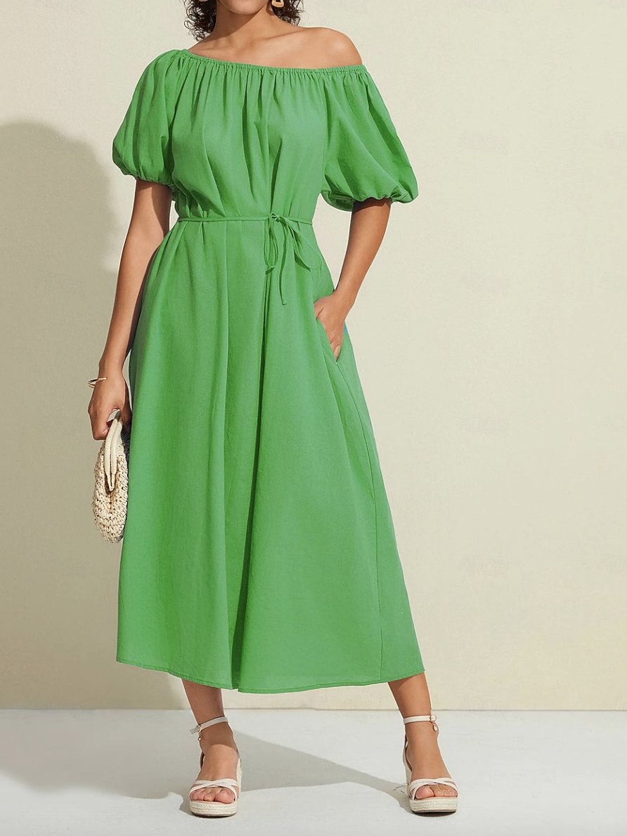 Cotton A Line Ruched Belted One Shoulder Maxi Dress