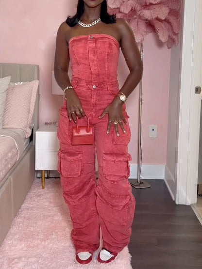 Red Denim Jumpsuit