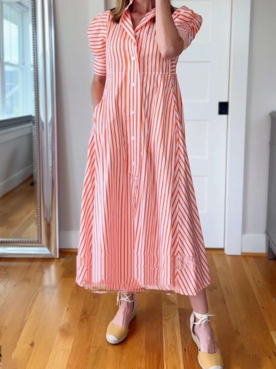 Striped Gigot Sleeve Casual Midi Dress