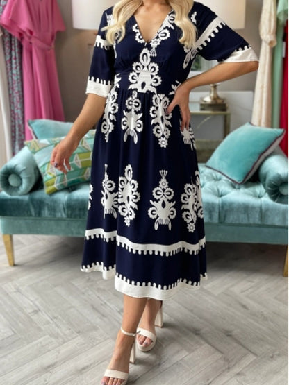 V-neck Printed Short Sleeve Midi Dress