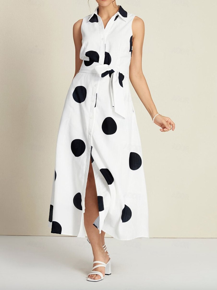 Polka Dot Sleeveless Tie Belt Maxi Dress