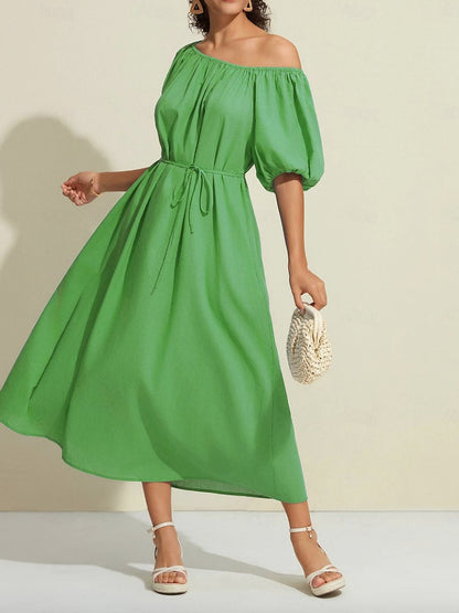 Cotton A Line Ruched Belted One Shoulder Maxi Dress