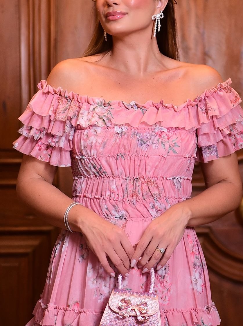 Pink Ruffled Open Shoulder Layered Mid-length Dress