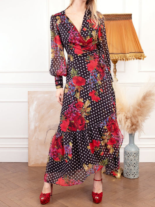 Polk Dot Floral Chiffon Dress