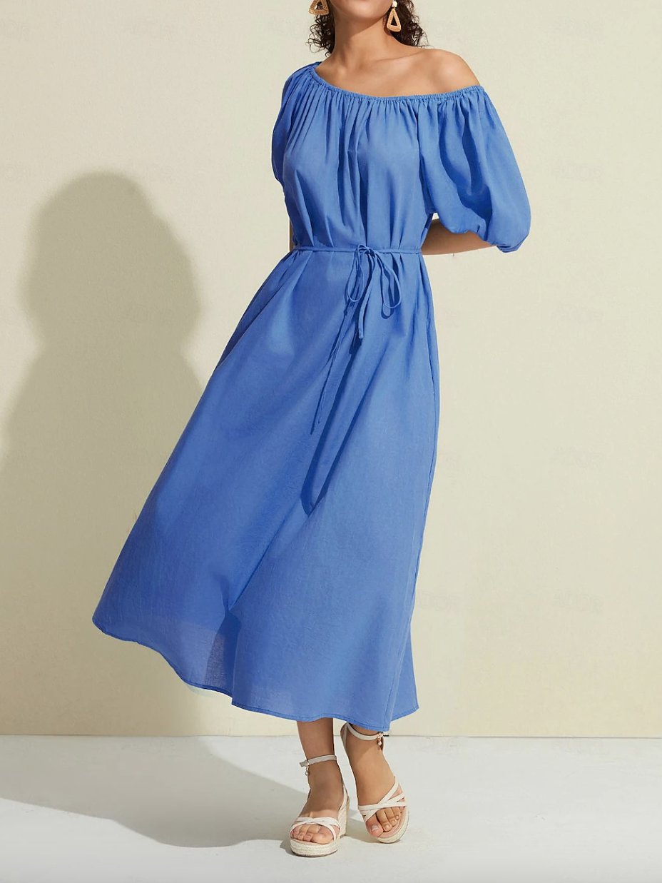 Cotton A Line Ruched Belted One Shoulder Maxi Dress