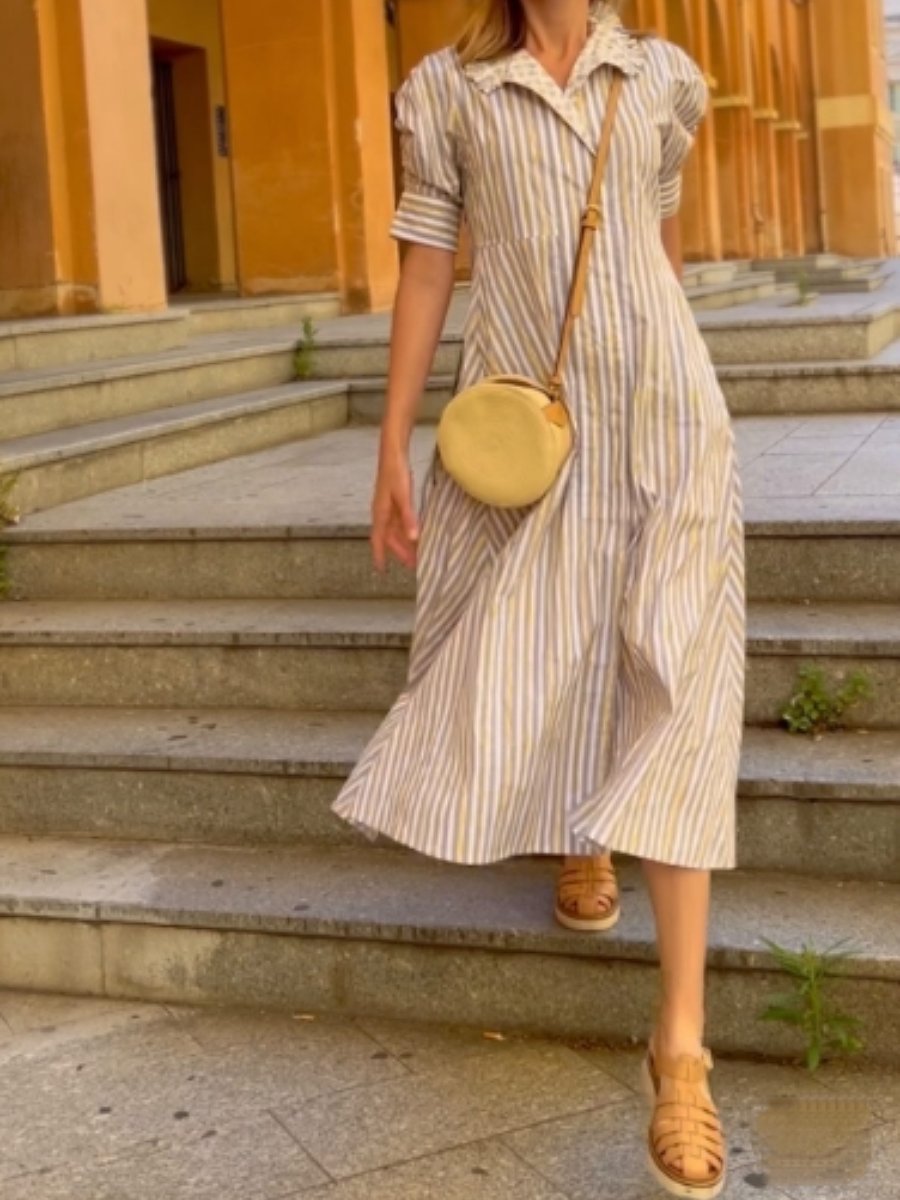 Striped Gigot Sleeve Casual Midi Dress