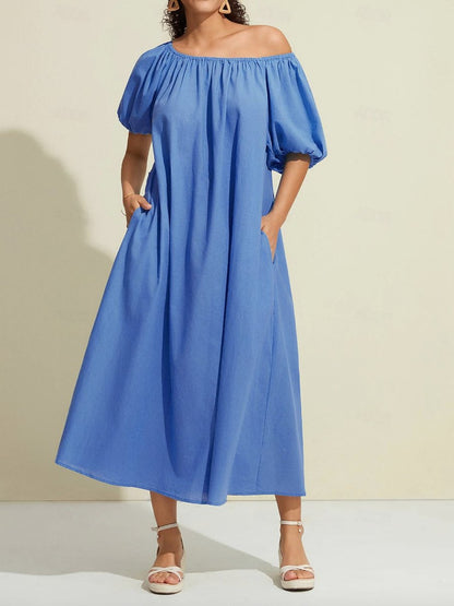 Cotton A Line Ruched Belted One Shoulder Maxi Dress