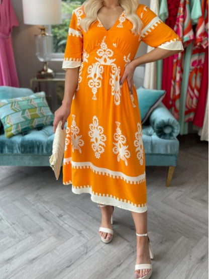 V-neck Printed Short Sleeve Midi Dress