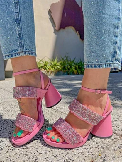 Rhinestone Sparkly Thick-Heeled Sandals