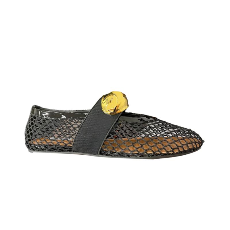 Black Mesh Ballet Flats With Brass Gold Jewel Hardware