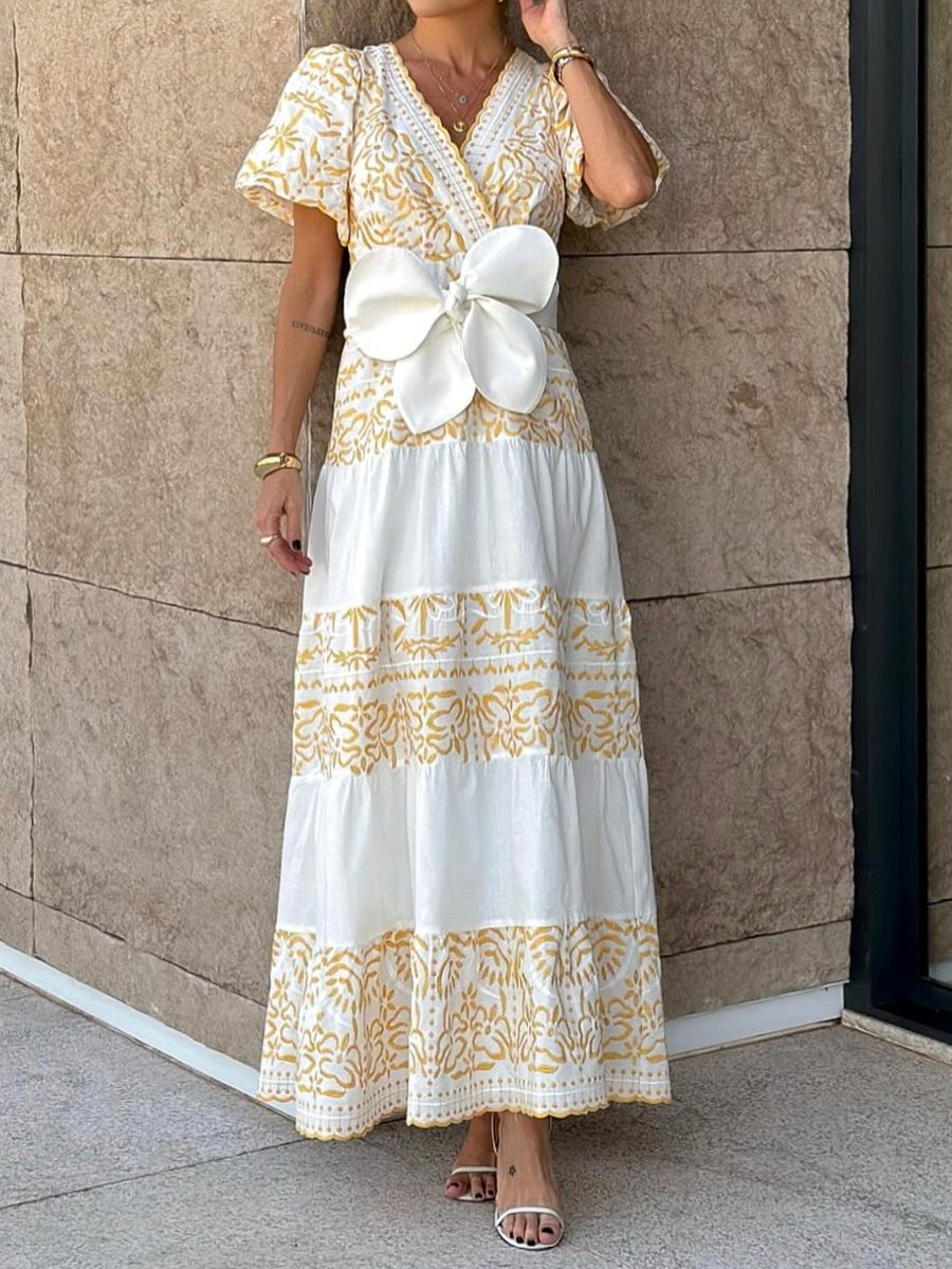 V-neckline Flower Maxi Dress