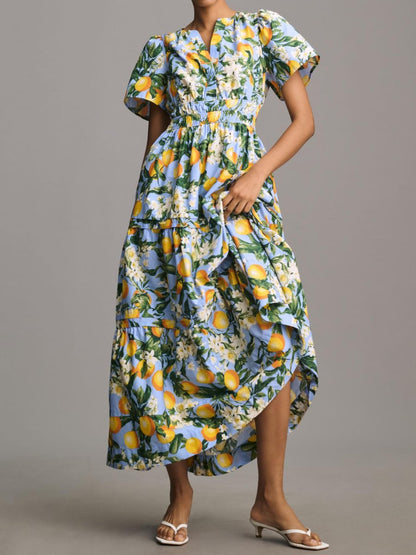 V-neck Smocked Waist Printed Maxi Dress