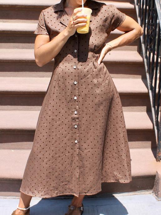 Brown Button Spotted Maxi Dress