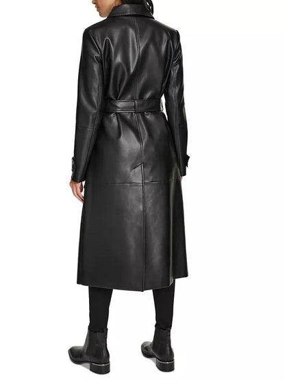 Women's Belted Faux-Leather Trench Coat