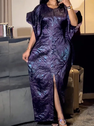 Plus Size Formal Purple Round Neck Split Jacquard Maxi Dress