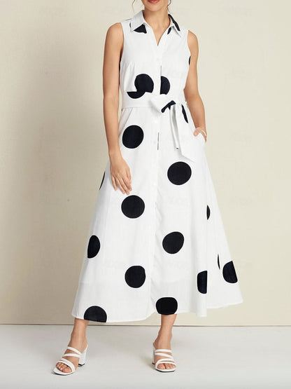 Polka Dot Sleeveless Tie Belt Maxi Dress