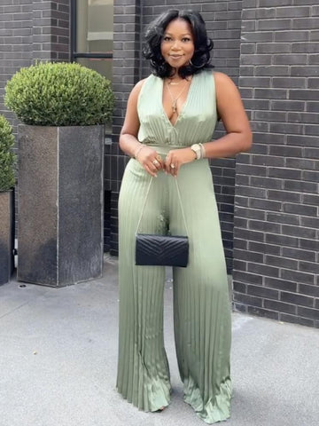 Sleeveless Waist Cutout Pleated Jumpsuit