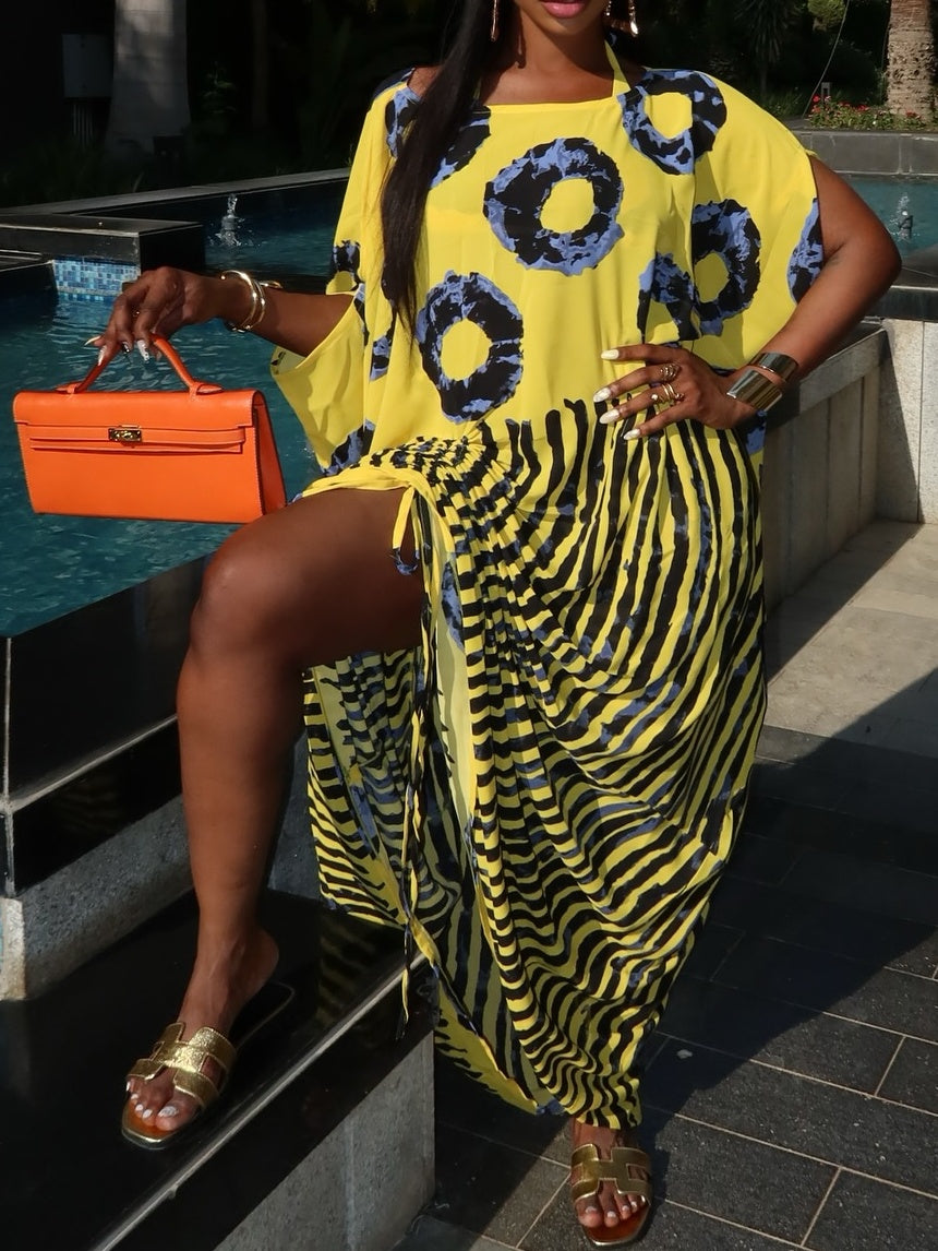 Striped Print Tie Up Loose Maxi Dress
