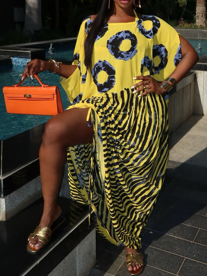 Striped Print Tie Up Loose Maxi Dress